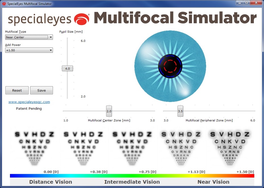 An example of the SpecialEyes Multifocal Simulator, displayed on screen along with a series of images representing the progression from distance to near vision across the specified add-power range.